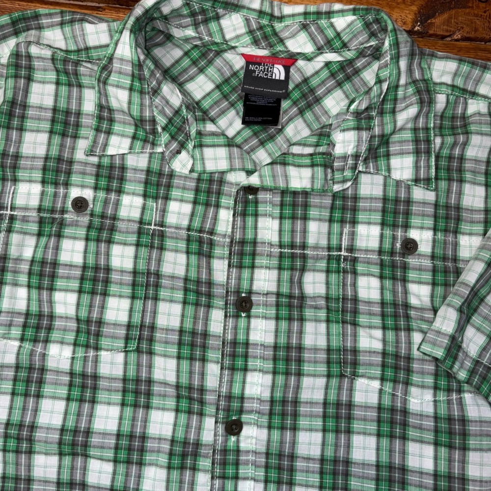 The North Face Button Down Shirt Mens Large Green Plaid Short Slv Hiking Pocket